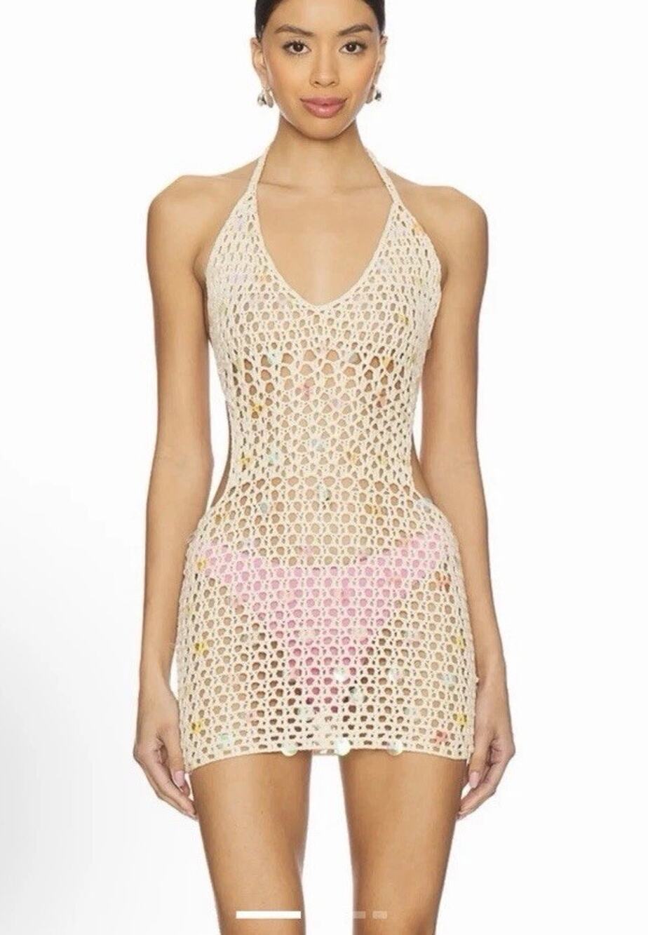 Cream Sequin Crochet Beach Cover Up Mini Dress